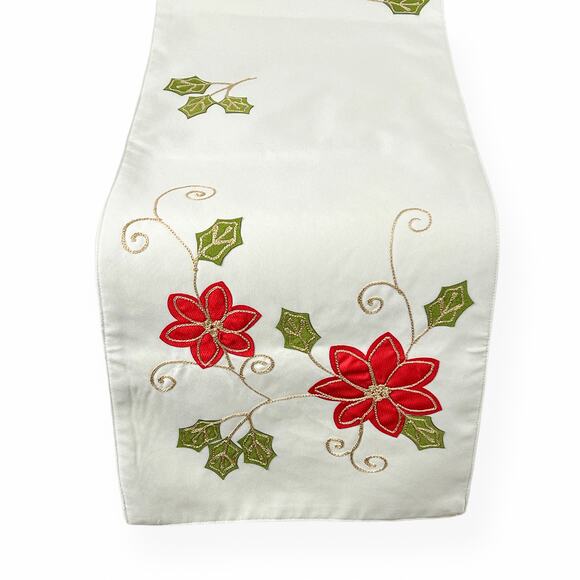 Table Runner Inspired Treasures White Red Poinsettia Applique Gold Sparkle 72x13 - Picture 1 of 9